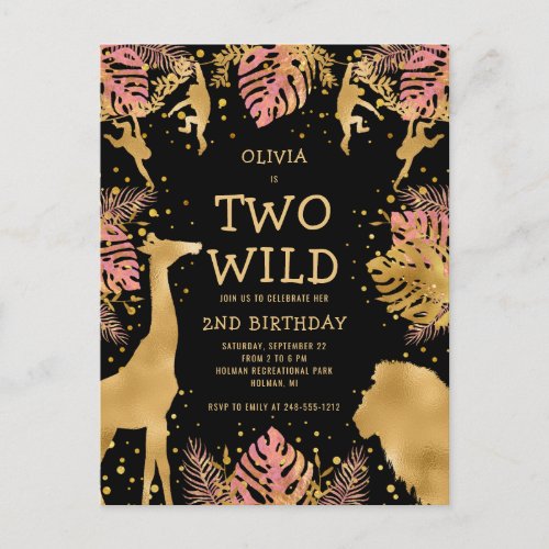 Girls 2nd Birthday Party Pink Gold Black Safari Postcard