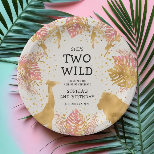 Girls 2nd Birthday Party Pink Gold Ecru Safari Paper Plates