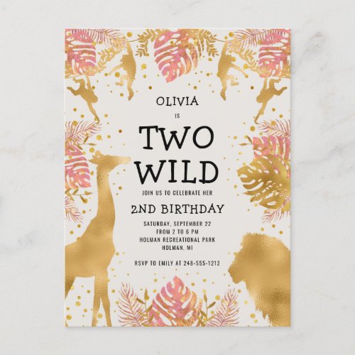 Girls 2nd Birthday Party Pink Gold Ecru Safari Postcard