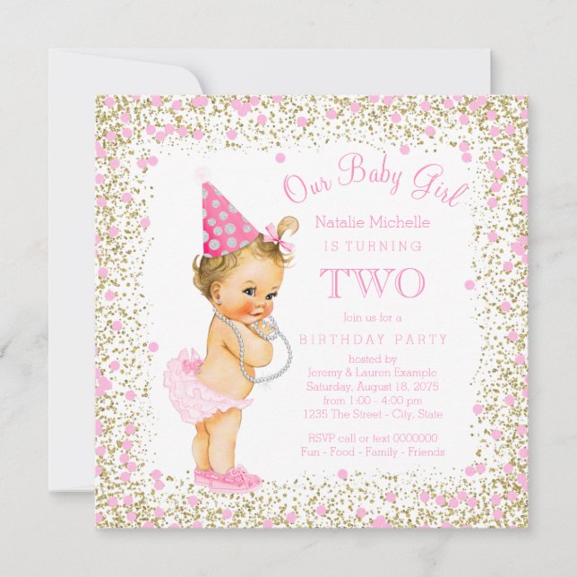 Girls 2nd Birthday Party Pink Gold Glitter Invitation (Front)