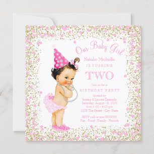 Girls 2nd Birthday Party Pink Gold Glitter Invitation