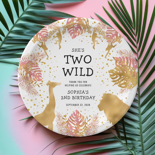 Girls 2nd Birthday Party Pink Gold Safari Paper Plates (Creator Uploaded)
