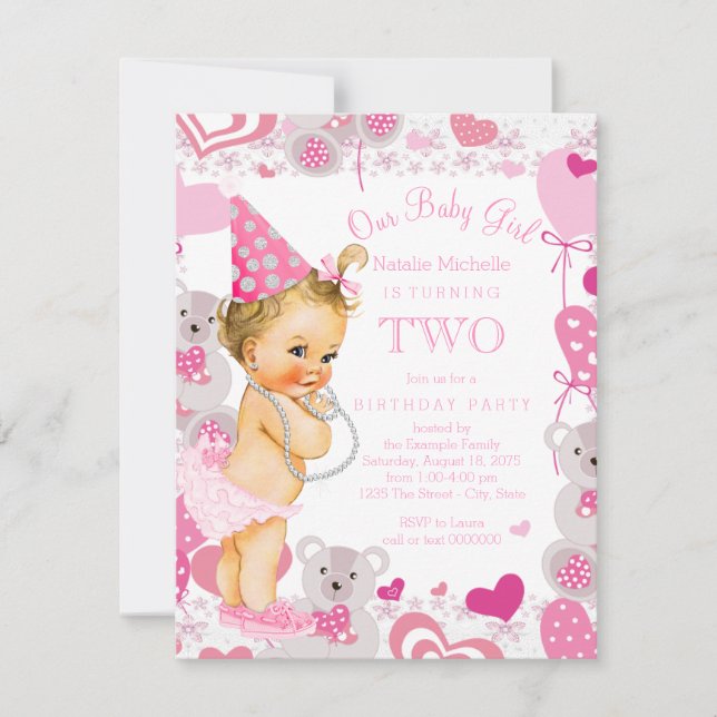 Girls 2nd Birthday Party Pink Teddy Bears Hearts Invitation (Front)