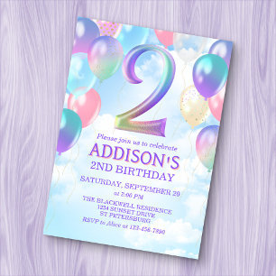 Girls 2nd Birthday Rainbow Balloons Invitation