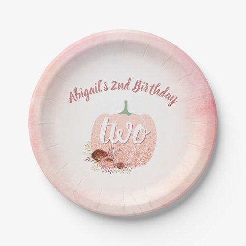 Girls 2nd Birthday Rose Gold Glitter Pumpkin Paper Plates