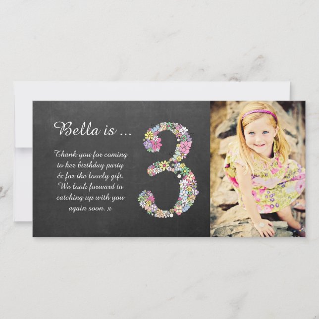 Girls 3rd Birthday Floral Thank You Photo Card (Front)
