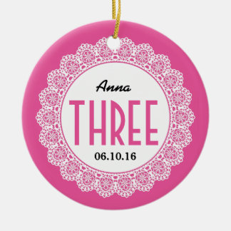 Girl's 3rd Birthday Memento Pink with Lace B03 Ceramic Ornament