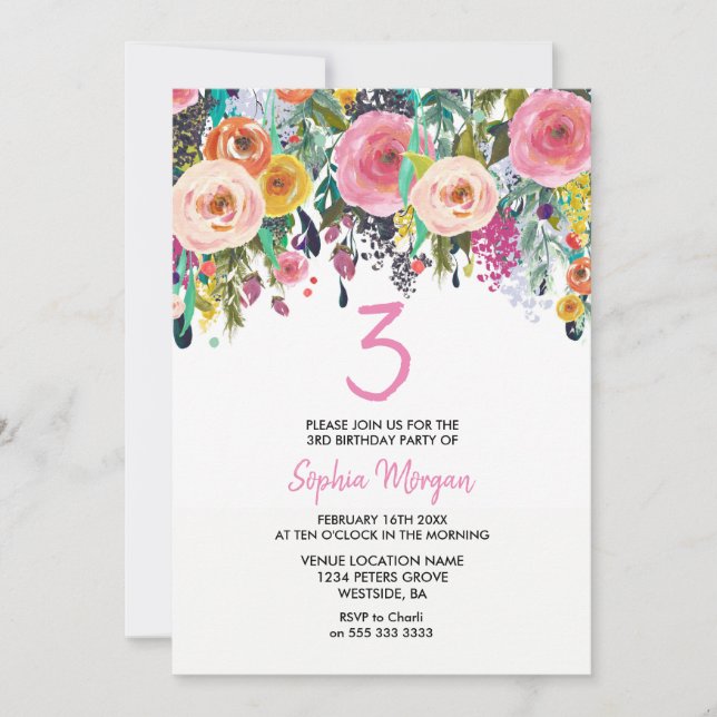 Girls 3rd Birthday Party Invite Pink Flower Peach (Front)