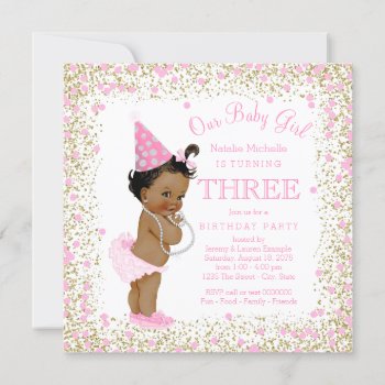 Girls 3rd Birthday Party Pink Gold Glitter Ethnic Invitation by InvitationCentral at Zazzle