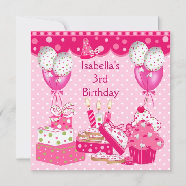 Girls 3rd Birthday Party Pink Spot Cake 3 Invitation (Front)
