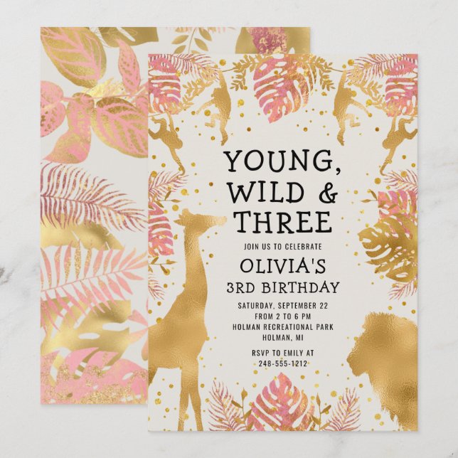 Girls 3rd Birthday Pink Gold Ecru Safari Invitation (Front/Back)