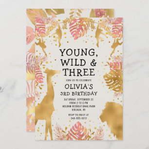 Girls 3rd Birthday Pink Gold Ecru Safari Invitation