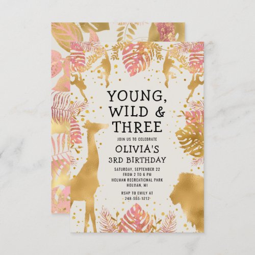 Girls 3rd Birthday Pink Gold Ecru Safari Invitation