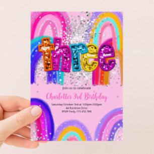 Girls 3rd Birthday Sequin Rainbow Party Invitation