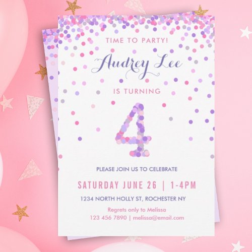 Girls 4th Birthday Fourth Birthday Confetti Party Invitation