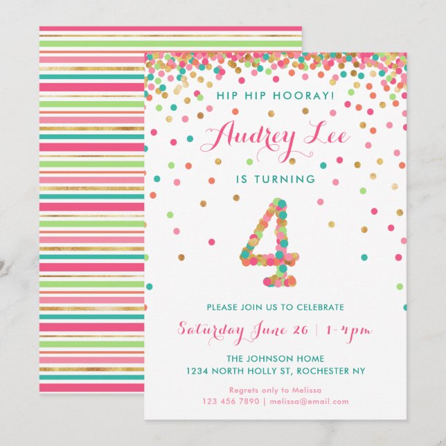 Girls 4th Birthday Invitation  birthday party (Front/Back)