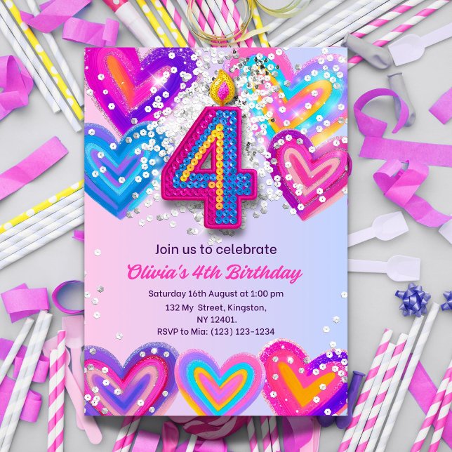 Girls 4th Birthday Invitation Editable Colorful 4  (Creator Uploaded)