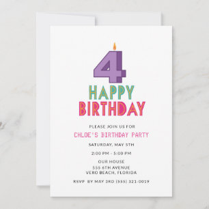 Girl's 4th Birthday Party Photo Party Invitation