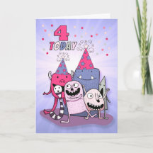 Girls 4th Birthday Pink n Purple Cartoon Monsters
