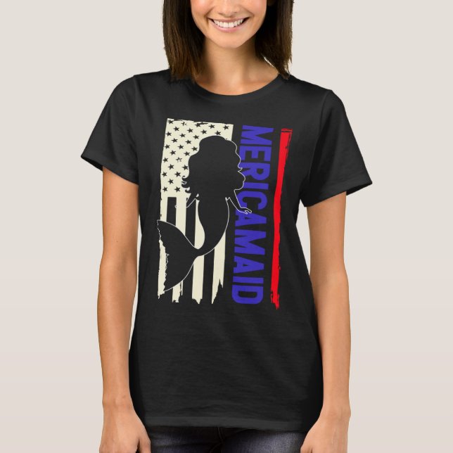 Girls 4th Of July American Flag USA Kids Mermaid M T-Shirt (Front)