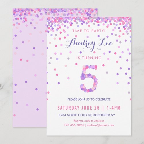 Girls 5th Birthday Fifth Birthday Confetti Party Invitation