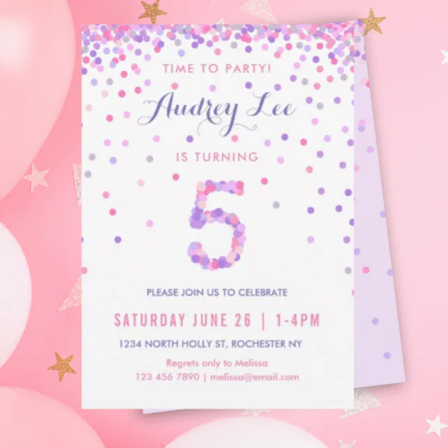 Girls 5th Birthday Fifth Birthday Confetti Party Invitation | Zazzle