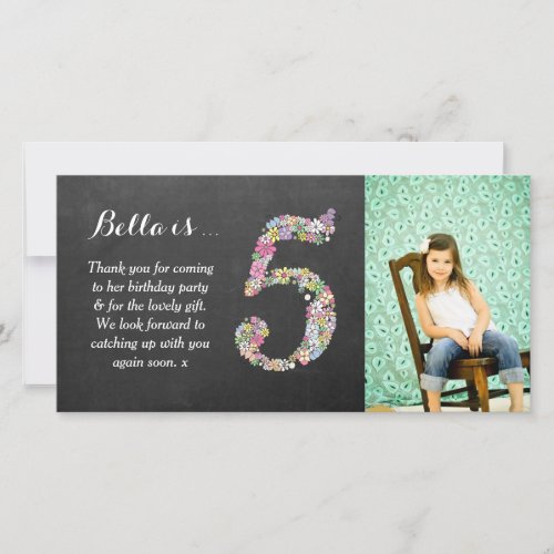 Girls 5th Birthday Floral Thank You Photo Card