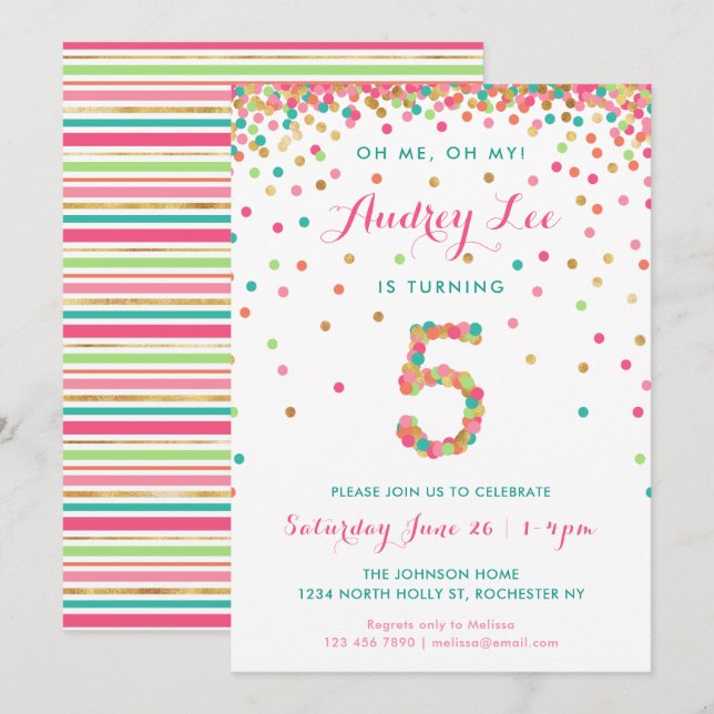 Girls 5th Birthday Invitation  birthday party (Front/Back)