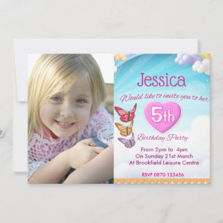 Girls 5th Birthday Party Photo Invite Butterflies