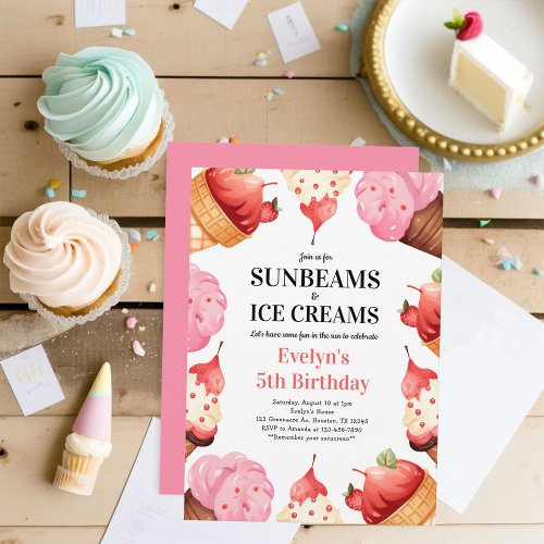 Girls 5th Birthday Sunbeams  Ice Creams Party Invitation