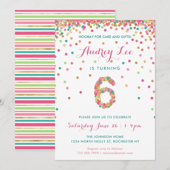 Girls 6th Birthday Invitation birthday party (Front/Back)