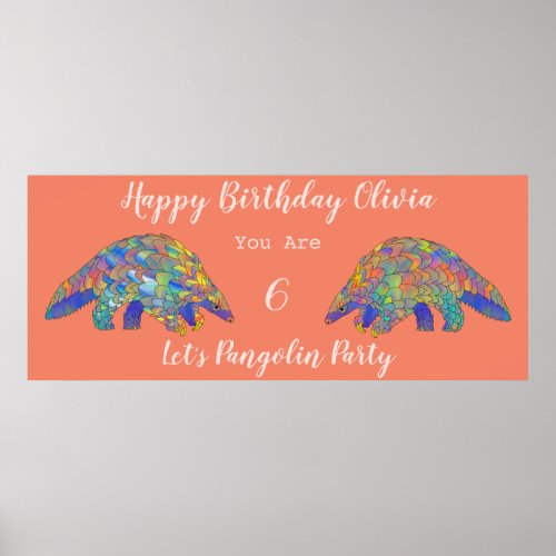 Girls 6th Birthday Party Colorful Pangolin Coral Poster