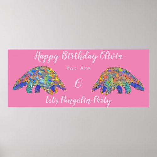 Girls 6th Birthday Party Colorful Pangolin Pink Poster