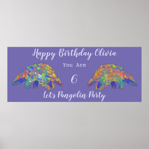 Girls 6th Birthday Party Colorful Pangolin Purple Poster