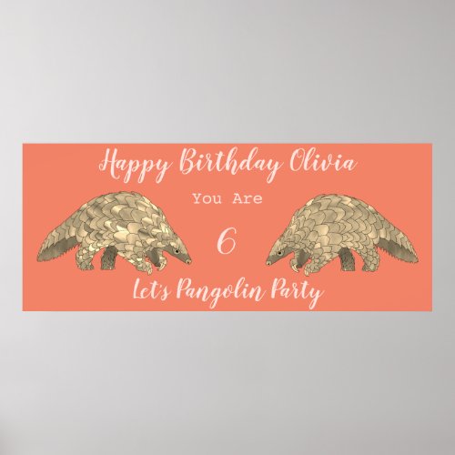 Girls 6th Birthday Party Pangolin Coral Themed Poster