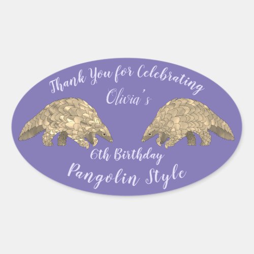 Girls 6th Birthday Party Pangolin Purple Themed  O Oval Sticker