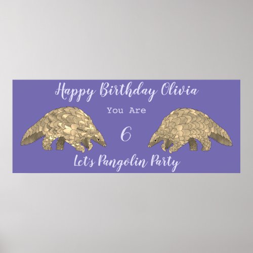Girls 6th Birthday Party Pangolin Purple Themed Poster