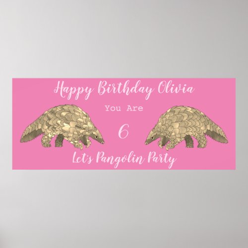 Girls 6th Birthday Party Pangolin Theme Pink Poster