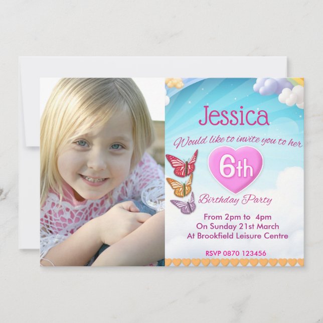 Girls 6th Birthday Party Photo Invite Butterflies (Front)