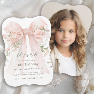 Girl's 6th Birthday Pink Floral Bow and Photo Invitation