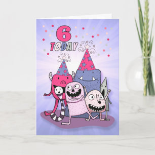 Girls 6th Birthday Pink n Purple Cartoon Monsters Card