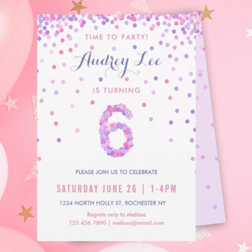 Girls 6th Birthday Sixth Birthday Confetti Party Invitation