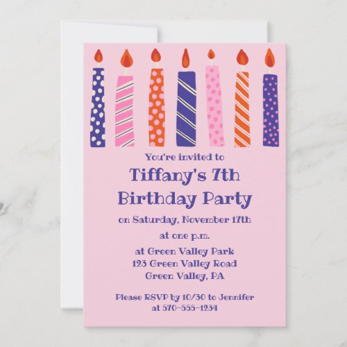 Girls 7th Birthday 7 Pink Purple Candles Party Invitation