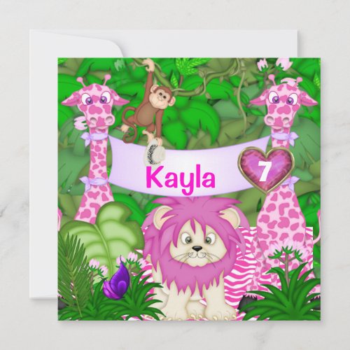 Girls 7TH BIRTHDAY Jungle Invitation with Monkeys