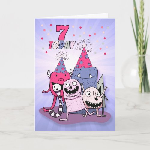 Girls 7th Birthday Pink n Purple Cartoon Monsters Card