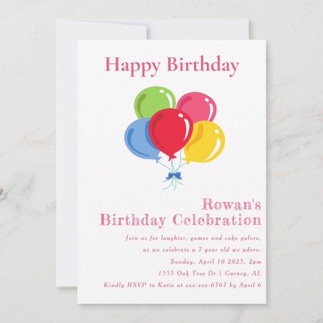 Girls 7th Birthday Seventh Birthday Balloon Party Invitation (Front)