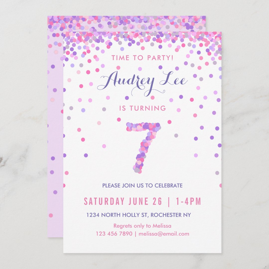 Girls 7th Birthday Seventh Birthday Confetti Party Invitation | Zazzle