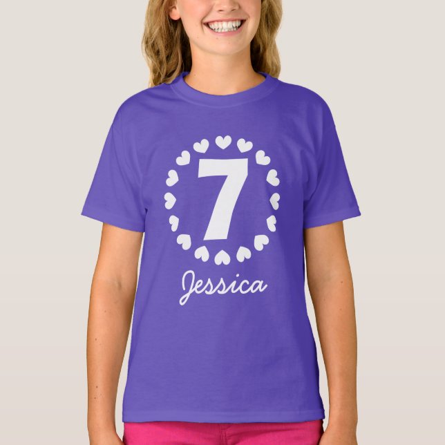 Girls 7th Birthday shirt | Age seven with hearts (Front)