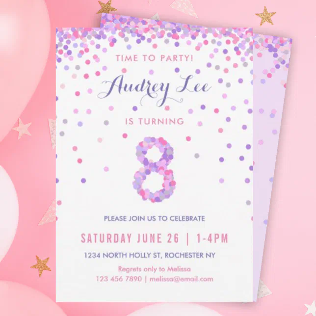 Girls 8th Birthday Eighth Birthday Confetti Party Invitation | Zazzle