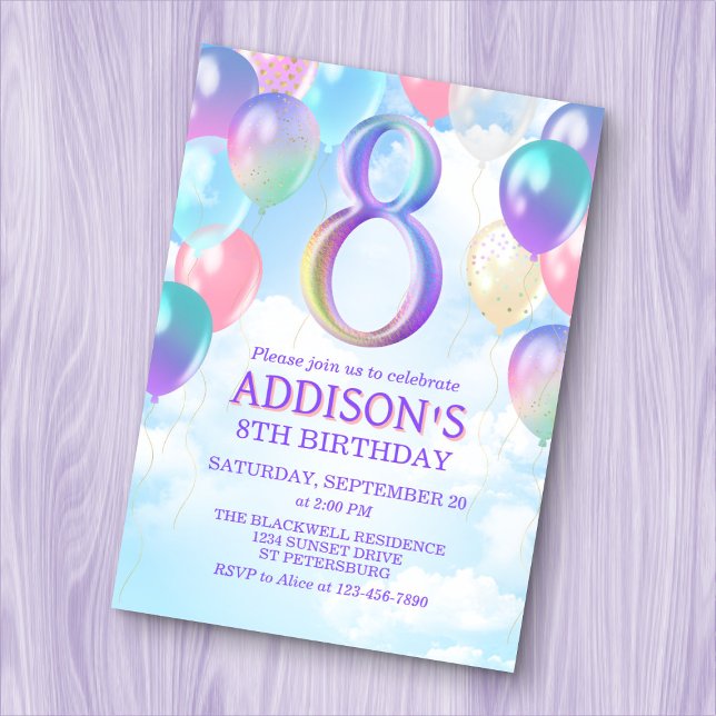Girls 8th Birthday Rainbow Balloons Invitation (Creator Uploaded)